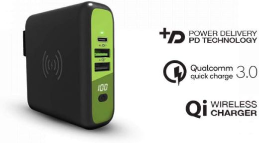 Picture of Goui Mbala Power Bank 8000mAh & Wireless 10W & Wall Charger QC3.0 + PD + AD - Black/ Green