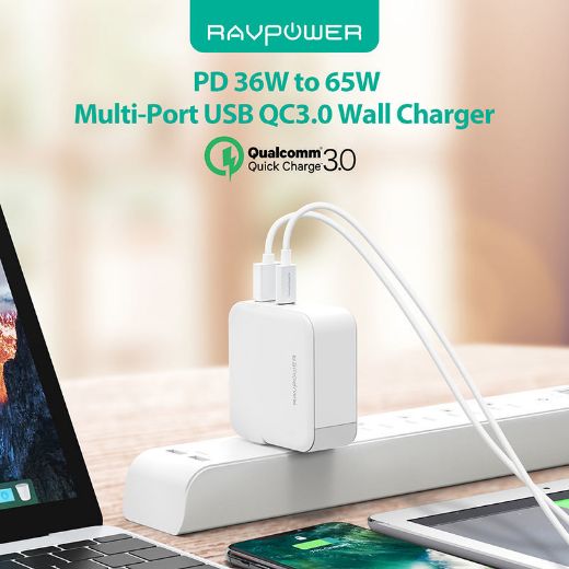 Picture of Ravpower 36W AC Wall Charger PD 18W + QC 3.0 Dual Ports (UK/EU) - White