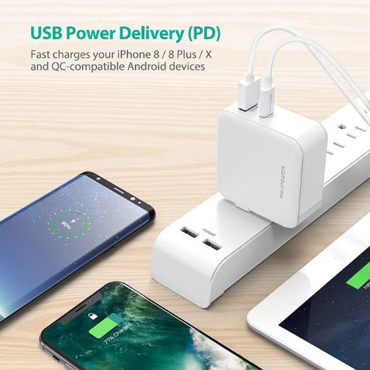 Picture of Ravpower 36W AC Wall Charger PD 18W + QC 3.0 Dual Ports (UK/EU) - White