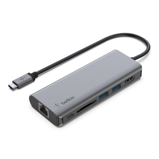 Picture of Belkin USB-C 6 in 1 Multiport Hub USB-C -100W/2X USB-A (5Gbps)/HDMI/GBE/SD - Gray