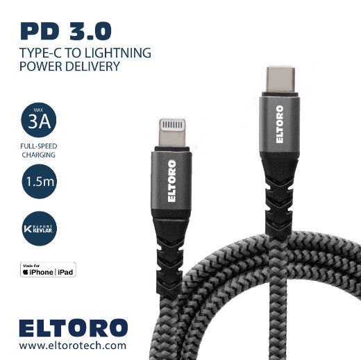 Picture of Eltoro Kevlar USB-C to Lightning Cable 1.5M with Nylon PP Yarn Jacket - Gray