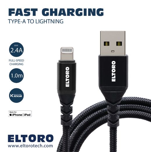 Picture of Eltoro Kevlar USB-A to Lightning Cable 1M with Nylon PP Yarn Jacket - Black