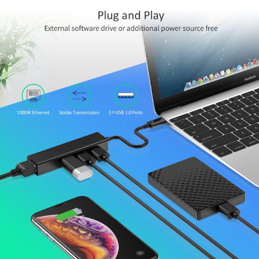 Picture of Choetech USB-C to 3 USB3.0 + RJ - Black