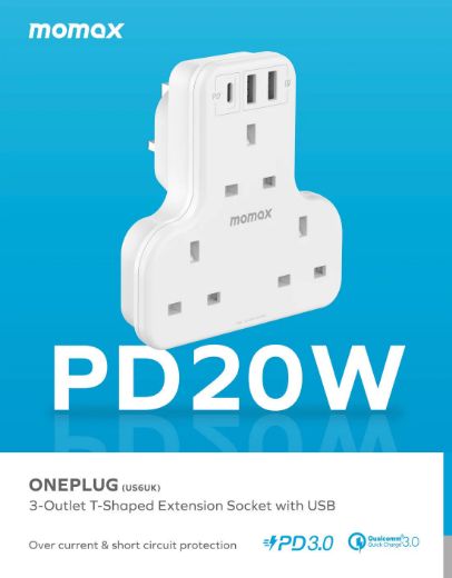 Picture of Momax OnePlug PD 20W 3 Outlet T Strip - White