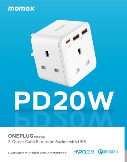 Picture of Momax OnePlug PD20W 2A1C 3 Outlet Strip - White