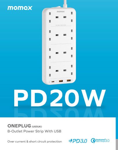 Picture of Momax OnePlug PD 20W 2A1C 8 Outlet Strip - White