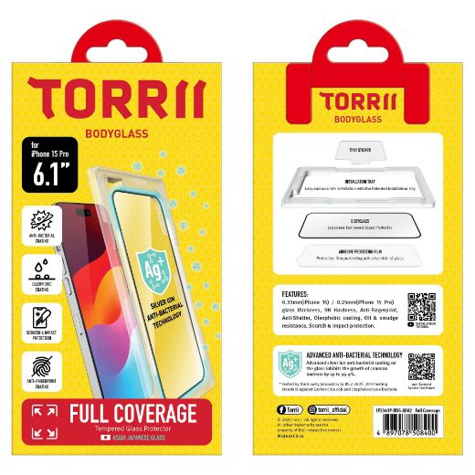 Picture of Torrii Bodyglass Screen Protector Anti-Bacterial Coating for iPhone 15 Pro - Clear/Black