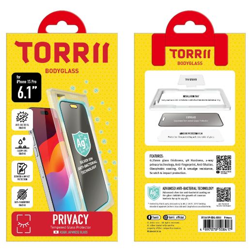 Picture of Torrii Bodyglass Screen Protector Anti-Bacterial Coating for iPhone 15 Pro - Privacy Black