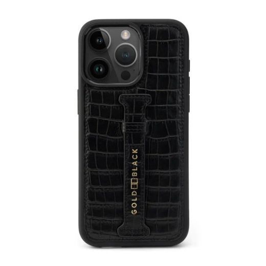 Picture of Gold Black Calf Leather Case with Croco-Embossing and Fingerstrap for iPhone 15 Pro Max - Black