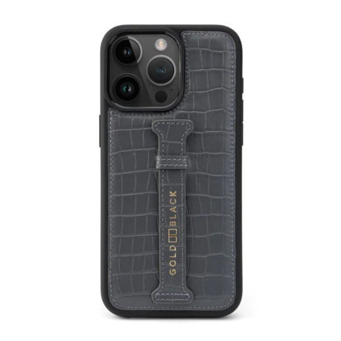 Picture of Gold Black Calf Leather Case with Croco-Embossing and Fingerstrap for iPhone 15 Pro Max - Grey