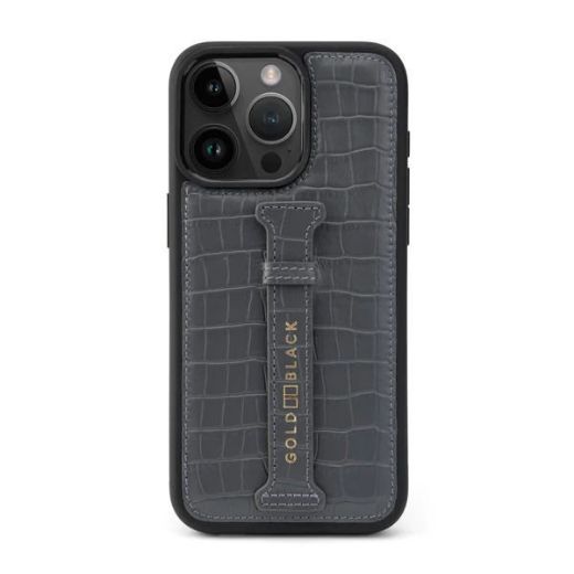 Picture of Gold Black Calf Leather Case with Croco-Embossing and Fingerstrap for iPhone 15 Pro Max - Grey