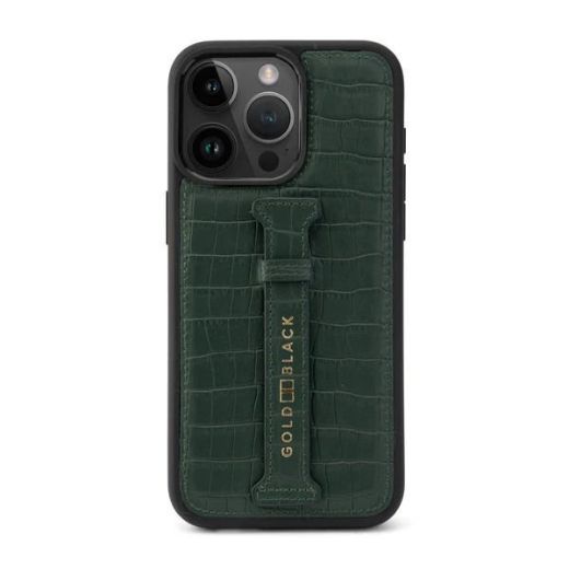 Picture of Gold Black Calf Leather Case with Croco-Embossing and Fingerstrap for iPhone 15 Pro - Green