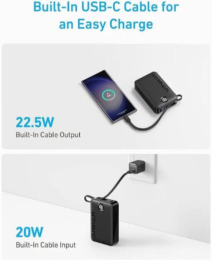 Picture of Anker 335 Power Bank (20K 22.5W PD, Built-In USB-C Cable) - Black