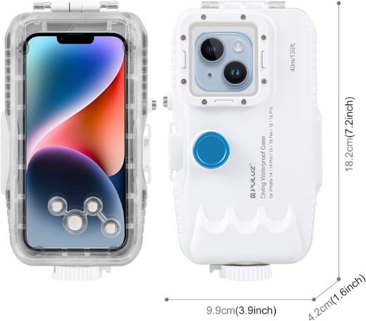 Picture of Puluz Waterproof Diving Case with One-Way Valve Outdoor Skiing 40m Underwater Protective Cover for iPhone series 12 pro to 15 pro - White