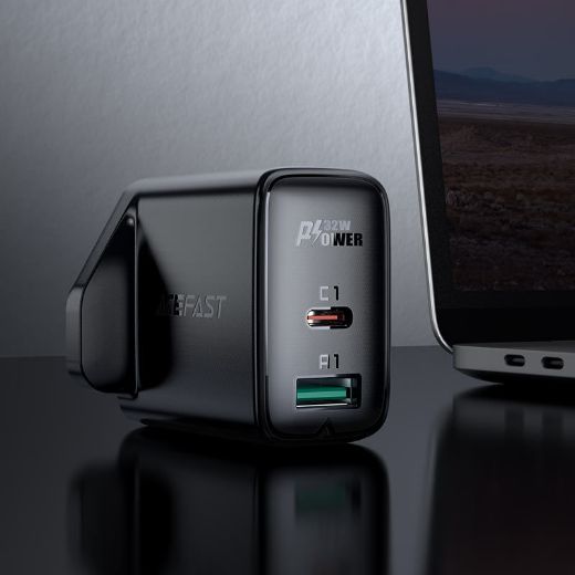 Picture of AceFast PD 32W Dual Port USB-C+USB-A Power Adapter - Black