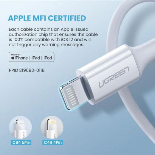 Picture of Ugreen USB-C to Lightning Rubber Shell Cable 2M - White