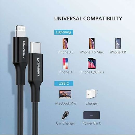 Picture of Ugreen USB-C to Lightning Rubber Shell Cable 2M - Black